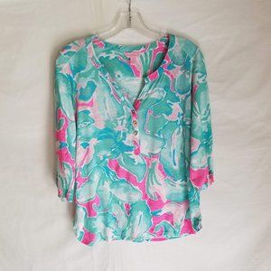 Lilly Pulitzer 100% Linen V Neck 3/4 Sleeve Floral Top Blouse Women's Small